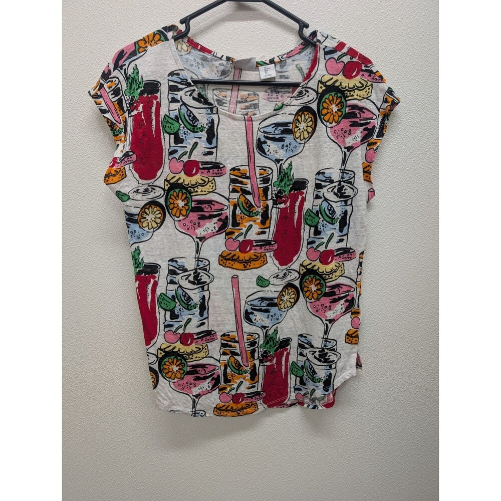 EUC Nicole Miller NY 100% Linen M Cocktail Bar Print Top Cap Sleeve Summer Party